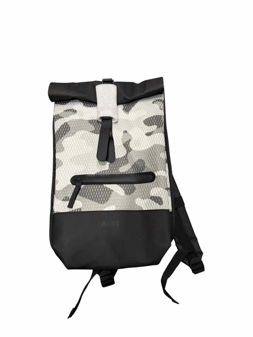 Rains White/Blk Camo Rolltop Rucksack Mesh Backpack nwt $155